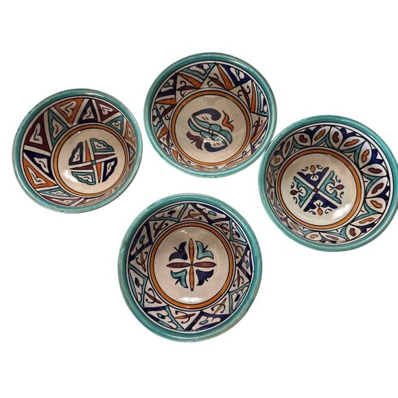 Set Of 4 Hand-Painted Moroccan Ceramic Bowls 5” From City of Fez - Picture 2 of 10